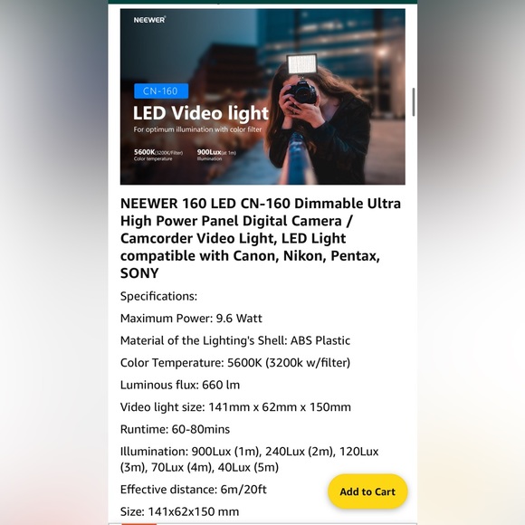 Neewer CN-160 LED video lighting NIB - Picture 2 of 2